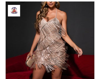 Handgefertigtes Pailletten Fransen Kleid Festival Outfit für Frauen Rave Tänzer Abend Party Outfitters Club Raquel Spiegel Kleid V Ausschnitt Pailletten Kleid