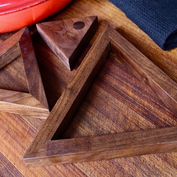 Trivet for hot dishes, TRIANGLE (3 Piece) TRIVET , Solid walnut, Wall Hung, Great gift, Canadian Made