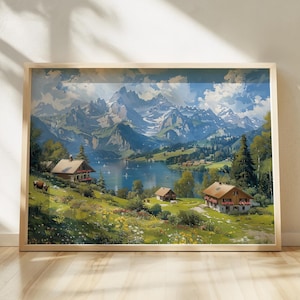 油彩画 山と川の風景　スイス Swiss alps oil painting - Etsy 日本