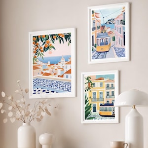 Arte mural de Lisboa (juego de 3), láminas artísticas de Portugal, pósteres de viajes de Portugal, láminas de Europa, decoración de Lisboa, horizonte de Lisboa, arte mediterráneo