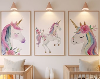Set of 3 Unicorn Wall Art Prints, Unicorn Nursery Decor, Girl Bedroom Wall Art, Whimsical Unicorn Posters, Kids Room Decor, Magical Unicorns