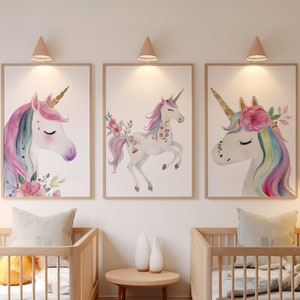 Lot de 3 impressions d'art mural licorne, décoration de chambre d'enfant licorne, art mural de chambre de fille, affiches licorne fantaisistes, décoration de chambre d'enfant, licornes magiques