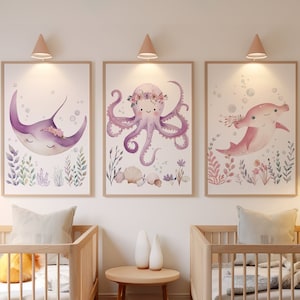 Impresiones de vivero de animales marinos, conjunto de 3, animales marinos rosados, arte de la pared del vivero submarino, arte de la pared del océano de la habitación de las niñas, sala de juegos bajo el mar, floral