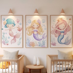 Set of 3 Mermaid Nursery Art Prints, Mermaid Wall Art, Mermaid Printable, Girls Room Wall Decor, Under the Sea, Nursery Decor for Baby Girl