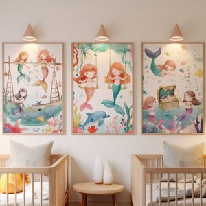 Meerjungfrau Mädchen-Kinderzimmer-Druck, 3er-Set, Meerjungfrau, Mädchenzimmer-Wand-Dekor, Meerjungfrau Print, Ozean-Thema-Druck, unter dem Meer