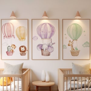 Stampe di mongolfiere, Set di 3, Decorazioni per la cameretta degli animali, Stampe di genere neutro, Arte della parete della scuola materna, Decorazione della camera del bambino, Arte della parete degli animali Safari