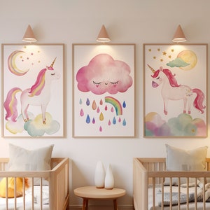 Set of 3 Unicorn Wall Art Prints, Unicorn Nursery Decor, Girl Bedroom Wall Art, Whimsical Unicorn Posters, Kids Room Decor, Magical Unicorns