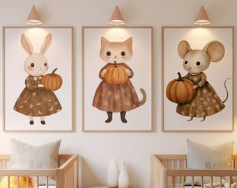 Woodland Animal Nursery Prints, Pumpkin Decor (Set of 3) (Digital Download)