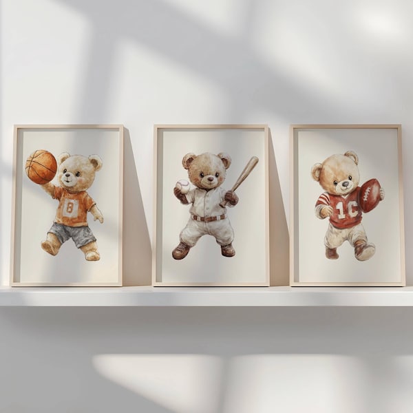 Sports Bear Nursery Prints, Boy Room Decor (Set of 3) (Digital Download)
