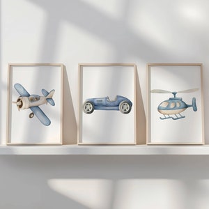 Vehicle Art Prints, Set of 3, Boy Nursery Wall Art, Printable Transportation Nursery Decor, Car Plane Prints, Transportation Nursery Art