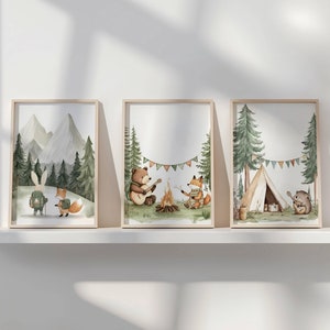 3er Set Camping Kinderzimmer Druck, Wald Wandern Kinderzimmer Dekor, Wald Kinderzimmer Wandkunst, Waldberge Kinderzimmer Digitaldruck, Bär Druck