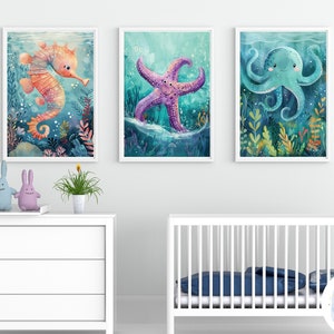 Arte de la pared del animal del océano, conjunto de 3, bajo el mar, decoración de la habitación del bebé, impresiones de la guardería, temática del mar, cartel del océano imprimible, decoración del vivero del océano