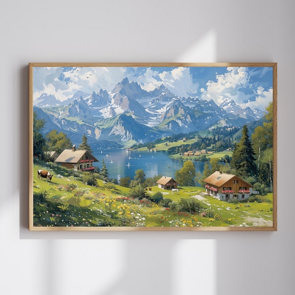 Swiss Alps Oil Painting, Set of 2, Alps Landscape Painting, Swiss Alps Art Print, Alpine Mountain Wall Art, Digital Gallery Art, Switzerland