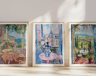 Set of 3 European Balcony Art Prints: Paris, Tuscany & Mediterranean Landscapes, Matisse Style Oil Paintings, Scenic Home Decor, Paris Print