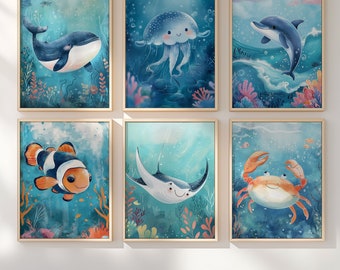 Sea Animal Nursery Prints, Set of 6, Under the Sea Wall Decor (Digital Download)