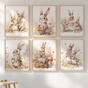 Bunny Nursery Wall Prints, Set of 6, Easter Theme Decor for Baby Bedroom, Nursery Wall Art, Printable Art, Watercolor Bunny Nursery Decor