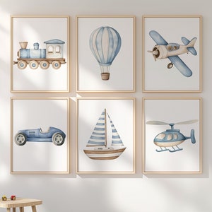 Vehicle Art Prints, Set of 6, Boy Nursery Wall Art, Printable Transportation Nursery Decor, Car Plane Train Boat Hot Air Balloon Prints