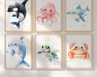 Ocean Animal Nursery Prints, Sea Creatures Wall Art (Set of 6) (Digital Download)