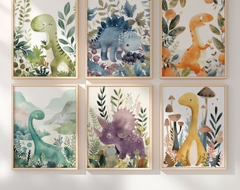 Dinosaur Nursery Wall Art, Set of 6, Cute Dinosaur Prints, Baby Bedroom Art, Dinosaur Nursery Printable, Printable Dinosaurs Poster