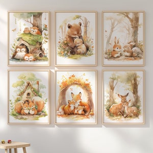 Láminas de pared para guardería con animales del bosque, juego de 6, decoración con temática forestal para dormitorio de bebé, arte de pared para guardería, arte imprimible, decoración de guardería con temática de bosque