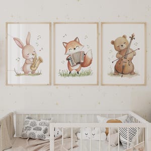 Music Woodland Animals Prints, Set of 3, Music Nursery Decor, Woodland Nursery, Gender Neutral Nursery, Woodland Decor