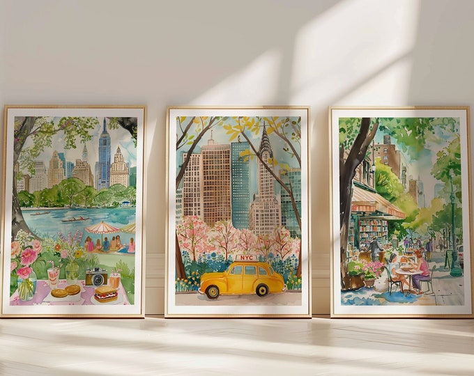 New York City Prints, Set of 3, NYC Wall Decor, NYC Wall Art, New York City Landmarks, NYC Travel Prints, New York Poster, Central Park Art