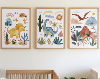 Dinosaur Nursery Prints, Set of 3, Rainbow Hues (Digital Download)