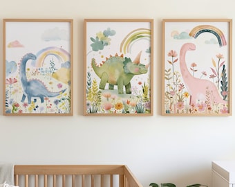 Dinosaur Nursery Wall Art, Set of 3, Cute Dinosaur Prints, Girl Bedroom Art, Dinosaur Nursery Printable, Printable Dinosaurs Poster