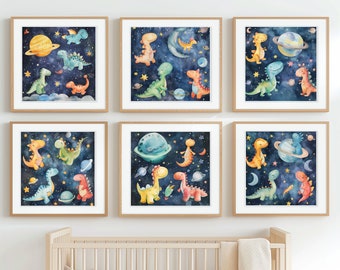 Space Dinosaur Nursery Art, Set of 6, Kids Outer Space Prints (Digital Download)
