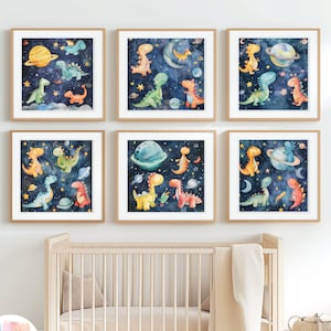 Conjunto de arte de pared de dinosaurio espacial de 6, decoración de vivero de dinosaurios, impresión del espacio exterior para niños, decoración de la habitación de los niños, vivero temático espacial, impresión de vivero T-Rex