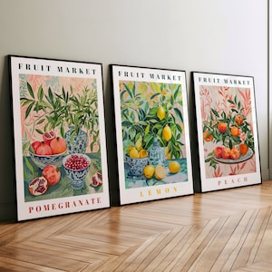 Botanical Fruit Prints Set of 3, Pomegranate, Lemon, and Peach, Fruit Market Wall Art , Kitchen and Dining Room Wall Art, Fruit Illustration