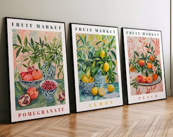 Juego de 3 impresiones de frutas botánicas: granada, limón y melocotón. Arte mural de mercado de frutas. Arte mural para cocina y comedor. Ilustración de frutas.