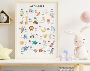 Lámina con el alfabeto para guardería, póster ABC, póster educativo, imprimible para educación en el hogar, póster para el aula, decoración de la habitación de los niños, alfabeto de acuarela