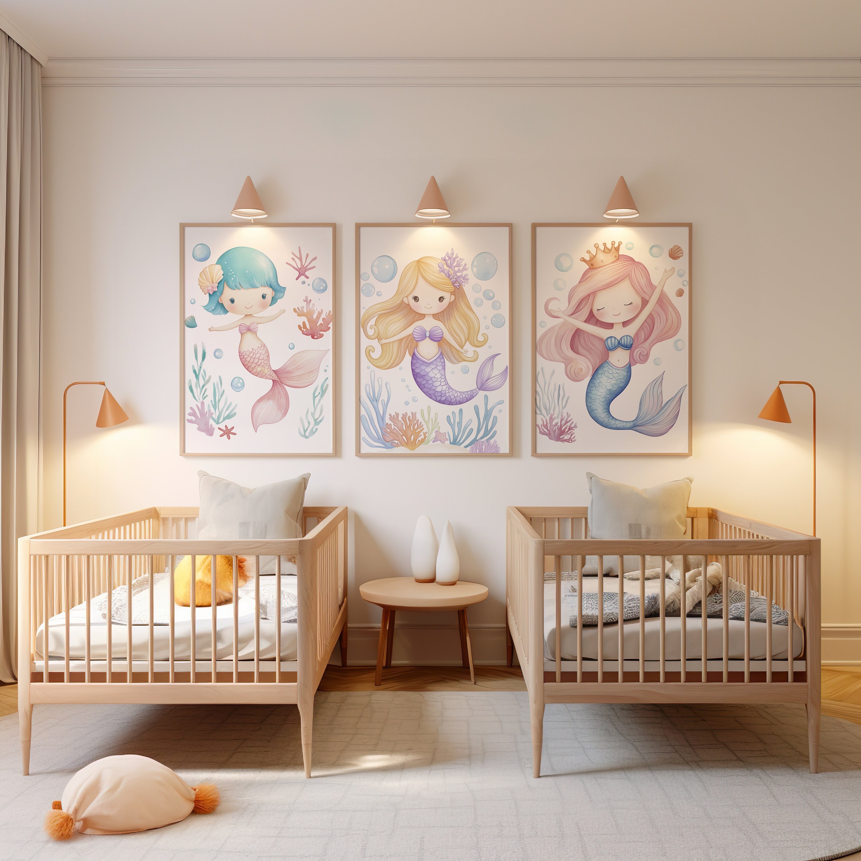 Set of 3 Mermaid Nursery Art Prints, Mermaid Wall Art, Mermaid Printable, Girls Room Wall Decor, Under the Sea, Nursery Decor for Baby Girl
