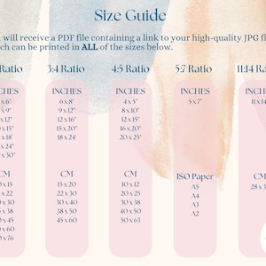 May include: A size guide for printable digital art prints. The guide shows different aspect ratios and corresponding sizes in inches and centimeters. The sizes include 2:3, 3:4, 4:5, 5:7, and 11:14 ratios. The guide also includes ISO paper sizes A5, A4, A3, and A2.