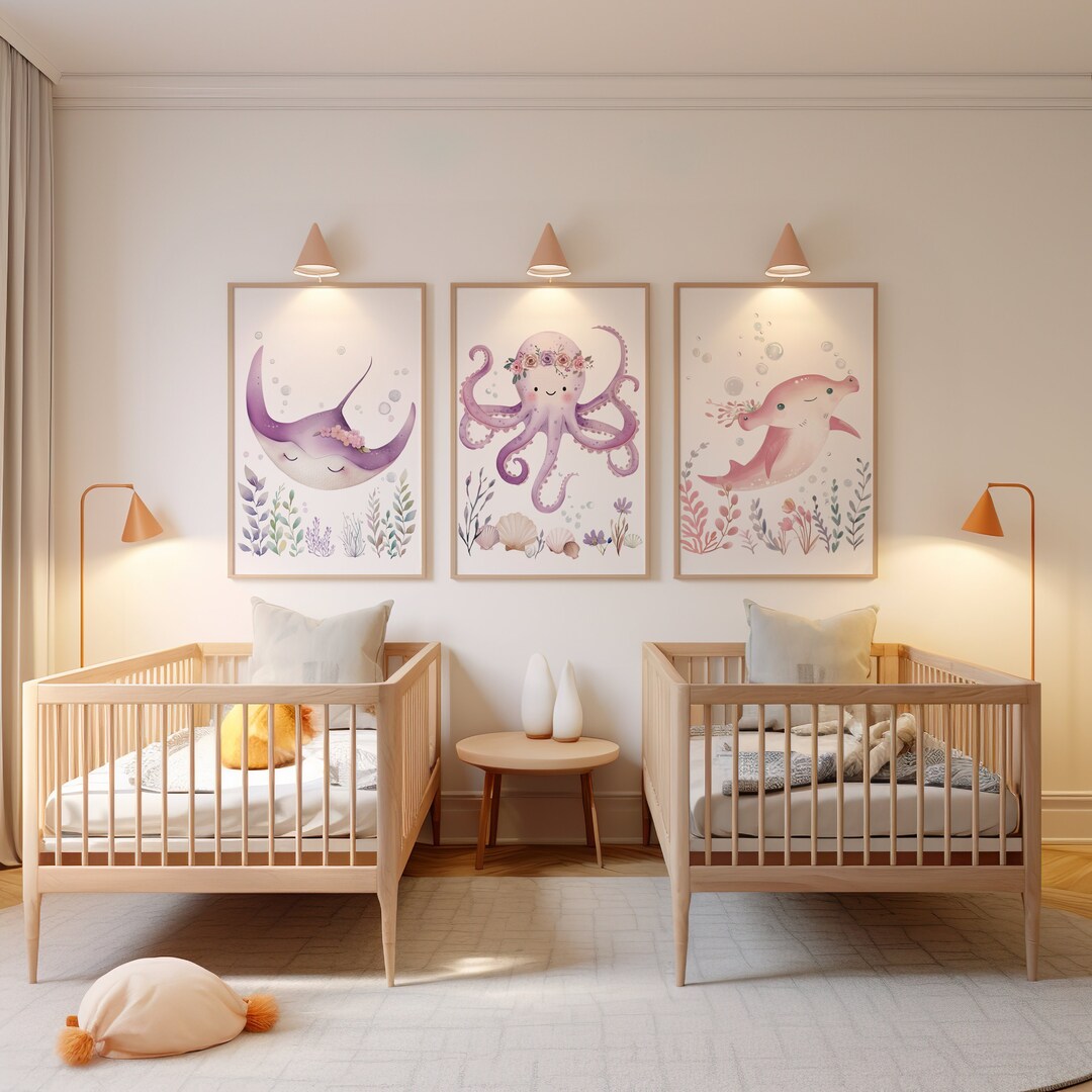 Sea Animal Nursery Prints, Set of 3, Watercolor Ocean Wall Art (digital ...