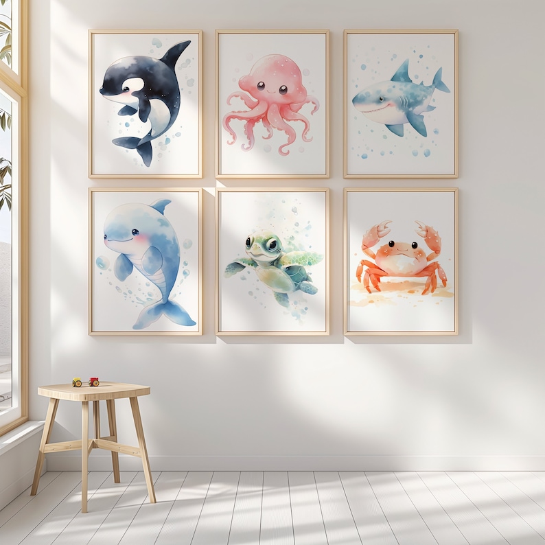 Cute Ocean Animal Nursery Wall Art, Set of 6, Sea Creature Prints for ...