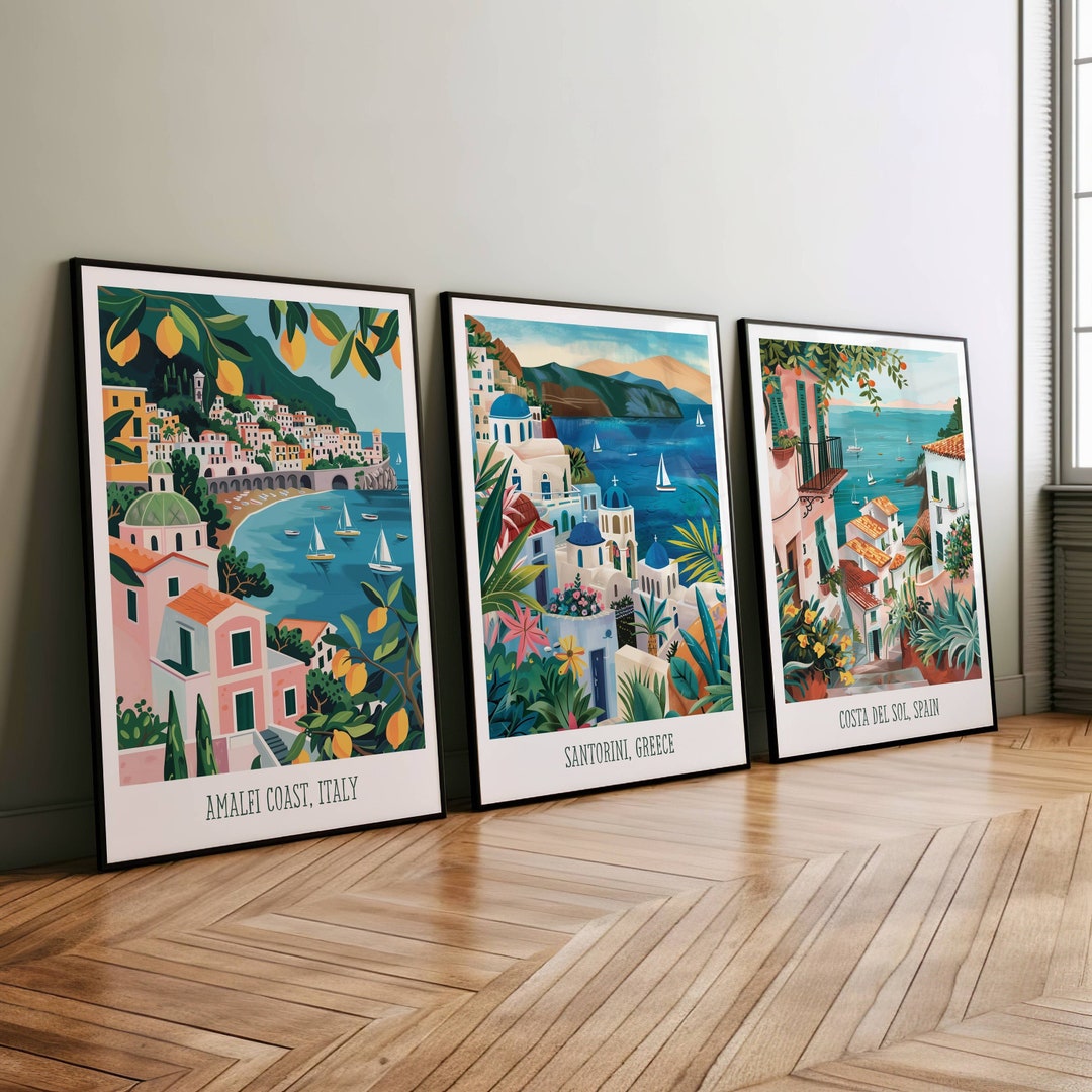 Mediterranean Wall Art Set of 3, Coastal Landscape Painting, European ...