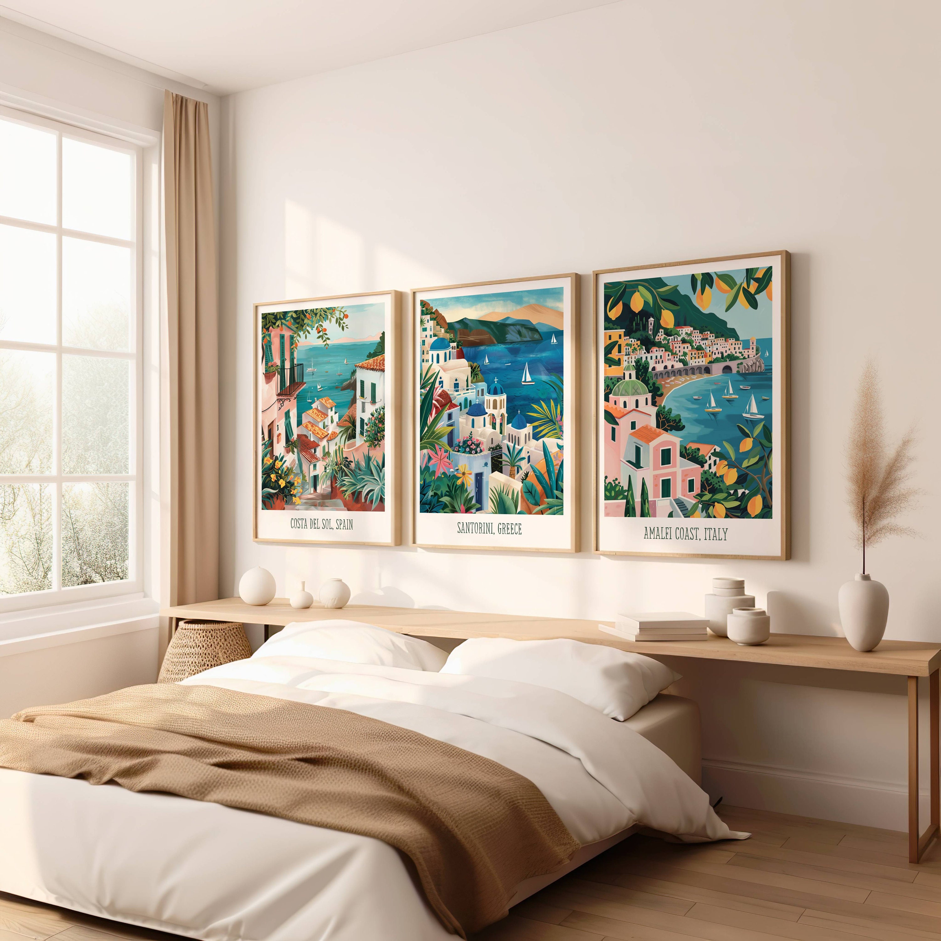Mediterranean Wall Art Set of 3, Coastal Landscape Painting, European ...
