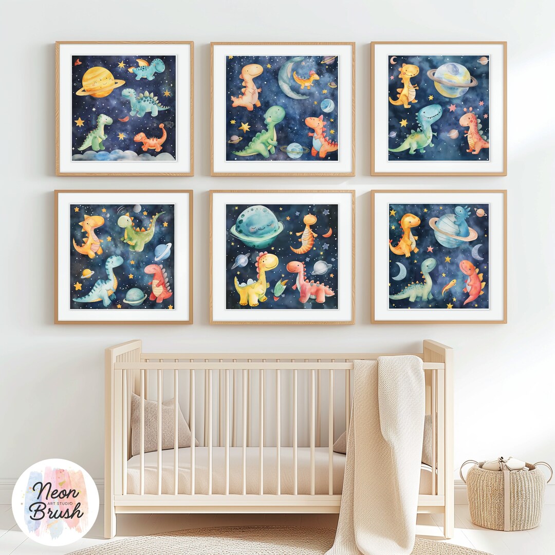 Space Dinosaur Nursery Art, Set of 6, Kids Outer Space Prints (digital ...