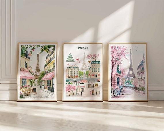 Set of 3 Paris Eiffel Tower Art Prints, Paris Wall Decor, Girls Room Wall Decor, Paris Watercolor Art, Paris Art Print Set, Paris Travel Art