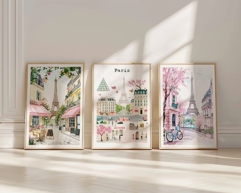 May include: Three watercolor paintings of Parisian scenes. The first shows a street with a cafe and the Eiffel Tower in the background. The second shows a street scene with the Eiffel Tower in the background and the text "Paris" at the top. The third shows a street scene with a bicycle and the Eiffel Tower in the background.