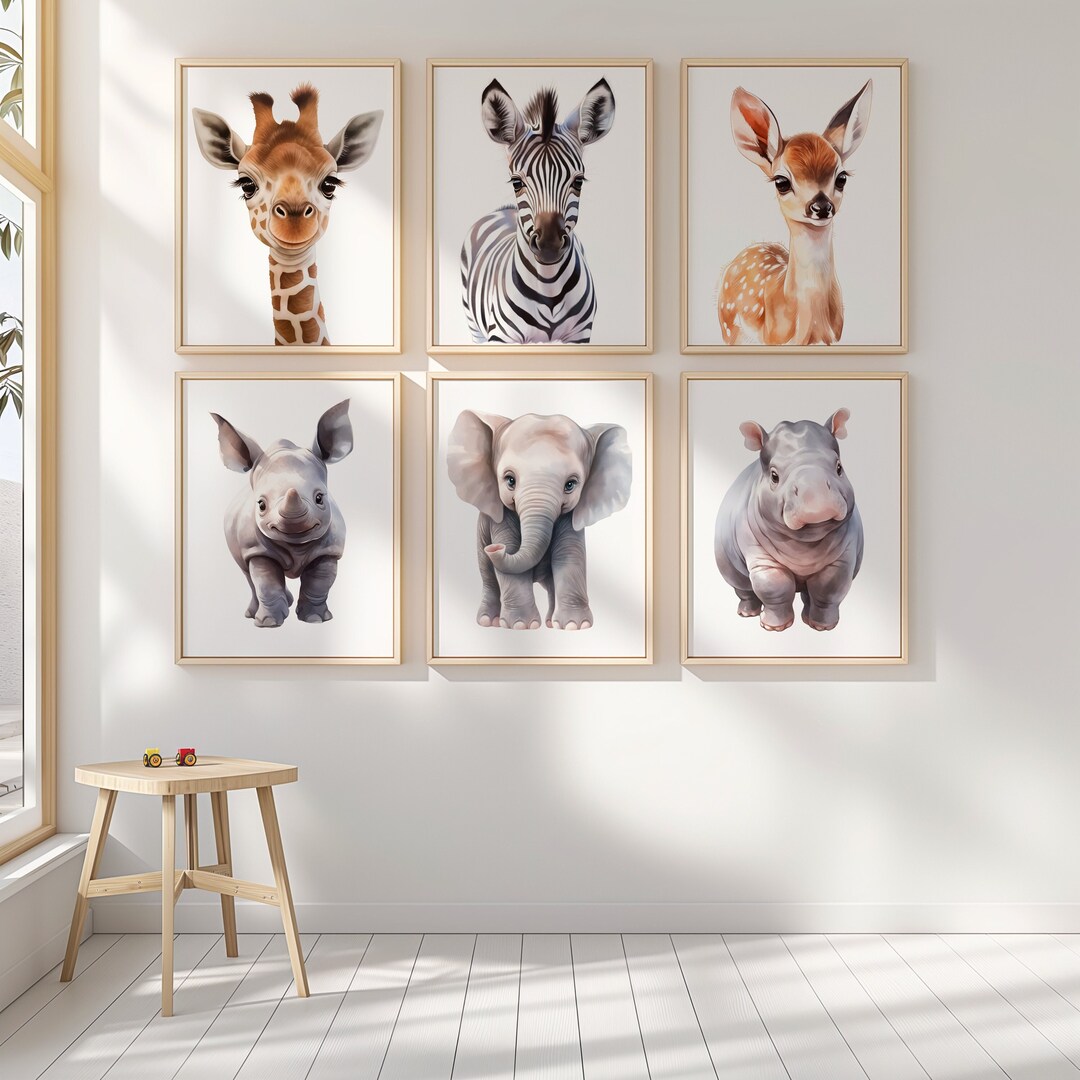 Safari Animal Nursery Prints, Set of 6, Pastel Jungle Animals (digital ...