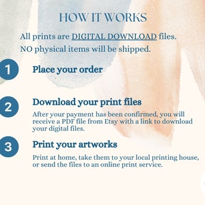 May include: A digital download guide with three steps: Place your order, Download your print files, and Print your artworks. The guide is on a background of watercolor washes in shades of blue and peach.