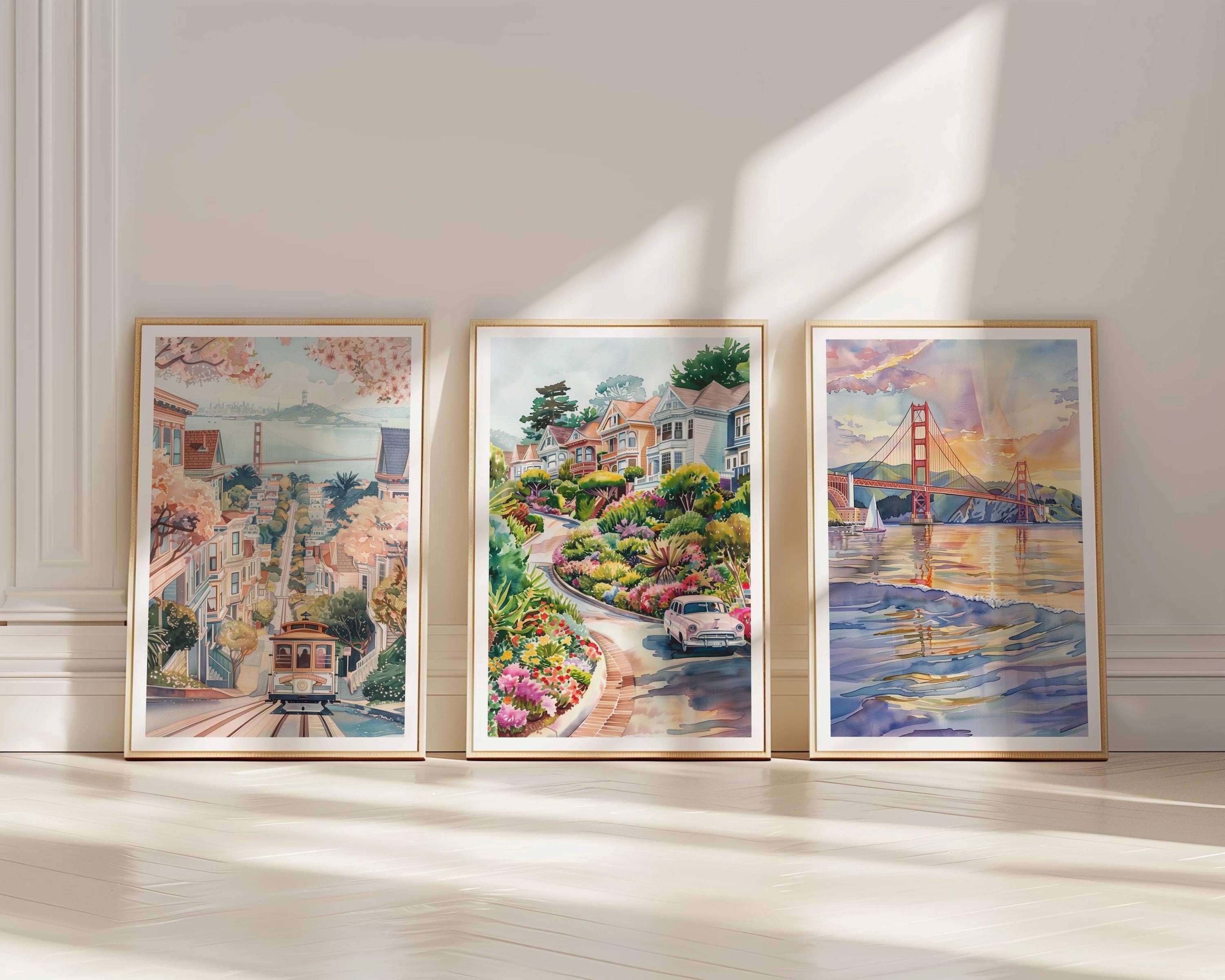 San Francisco Watercolor Paintings, Set of 3, Golden Gate Bridge Poster, California Wall Art, SF California Art, San Francisco Wall Art