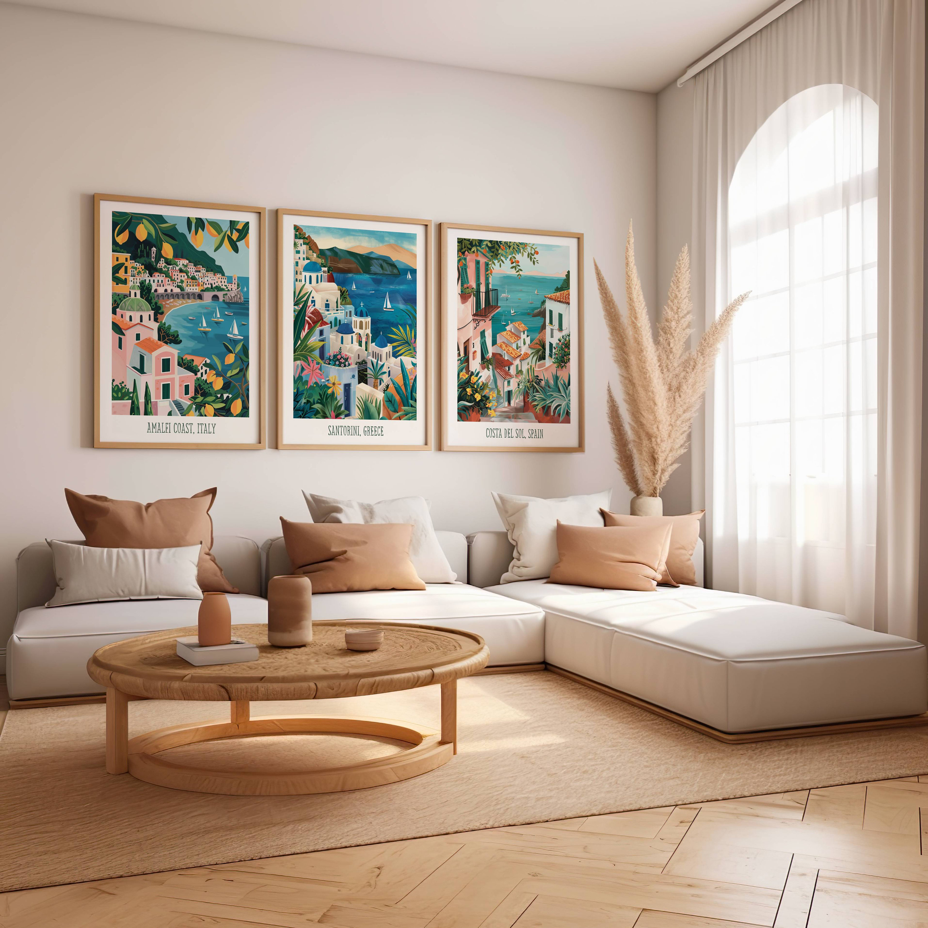 Mediterranean Wall Art Set of 3, Coastal Landscape Painting, European ...
