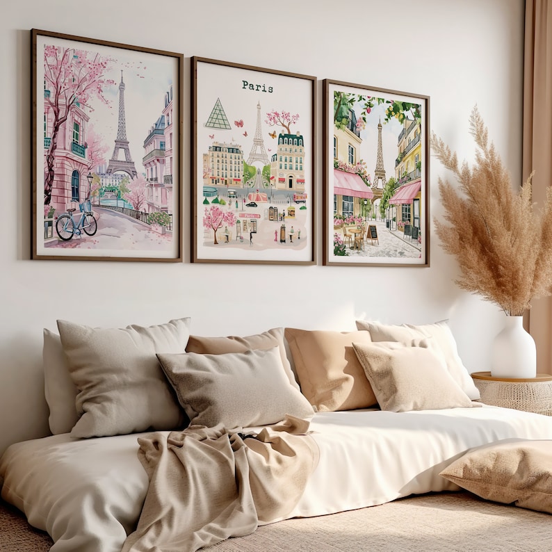 May include: Three watercolor paintings of Parisian scenes. The first painting shows the Eiffel Tower with a bicycle in the foreground. The second painting shows a map of Paris with the Eiffel Tower in the center. The third painting shows a street scene with a cafe and the Eiffel Tower in the background.
