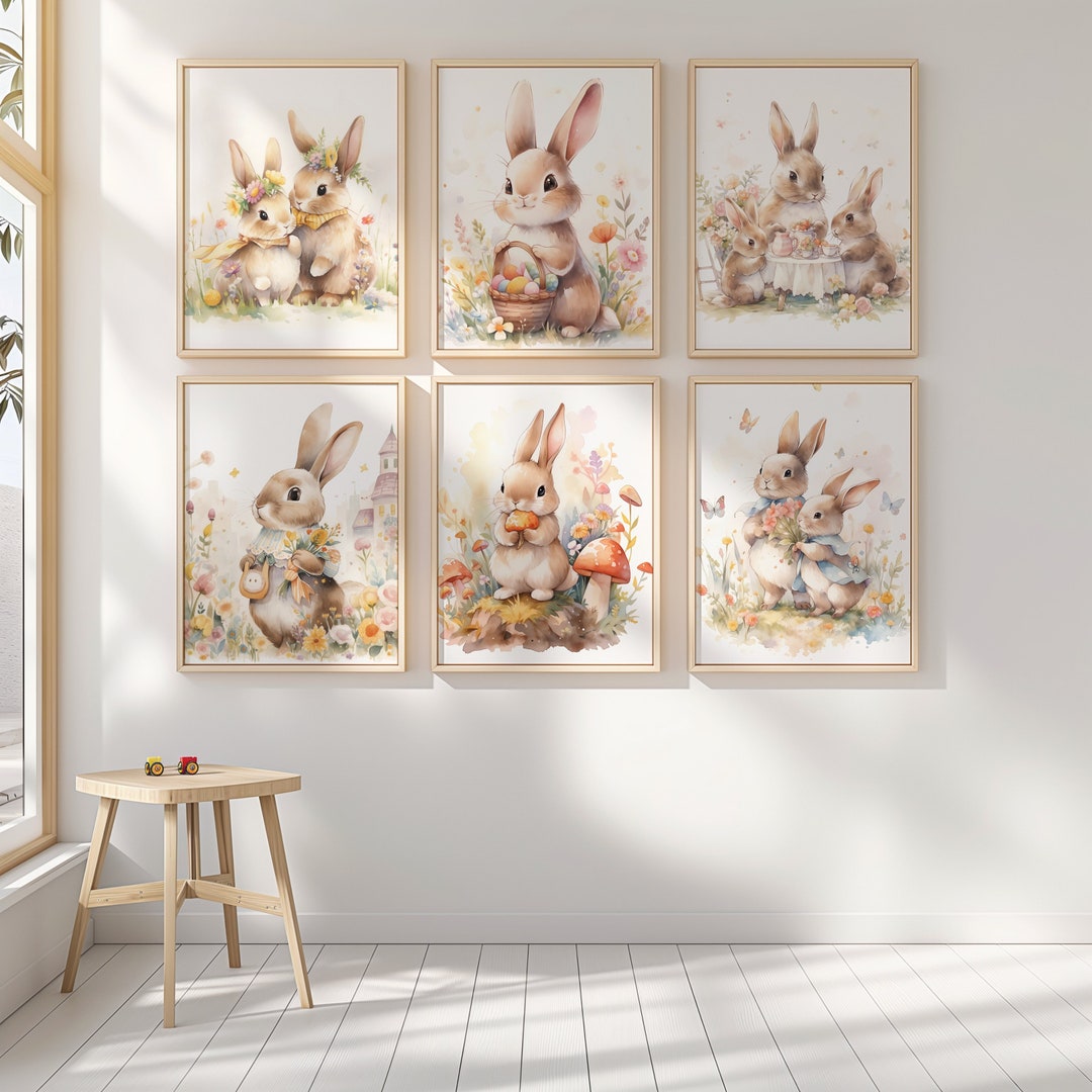 Watercolor Bunny Nursery Prints, Easter Decor Set of 6 (digital ...