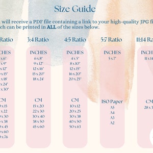 May include: A size guide for printable digital art prints. The guide shows different aspect ratios and corresponding sizes in inches and centimeters. The ratios include 2:3, 3:4, 4:5, 5:7, and 11:14. The guide also includes standard ISO paper sizes.