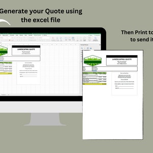 Op de afbeelding: Een computerscherm met een Excel-bestand met een sjabloon voor een landschapsarchitectuurofferte. De tekst "Generate your Quote using the excel file" staat boven het scherm. Een afgedrukte PDF-versie van de offerte wordt weergegeven met de tekst "Then Print to PDF to send it off!"